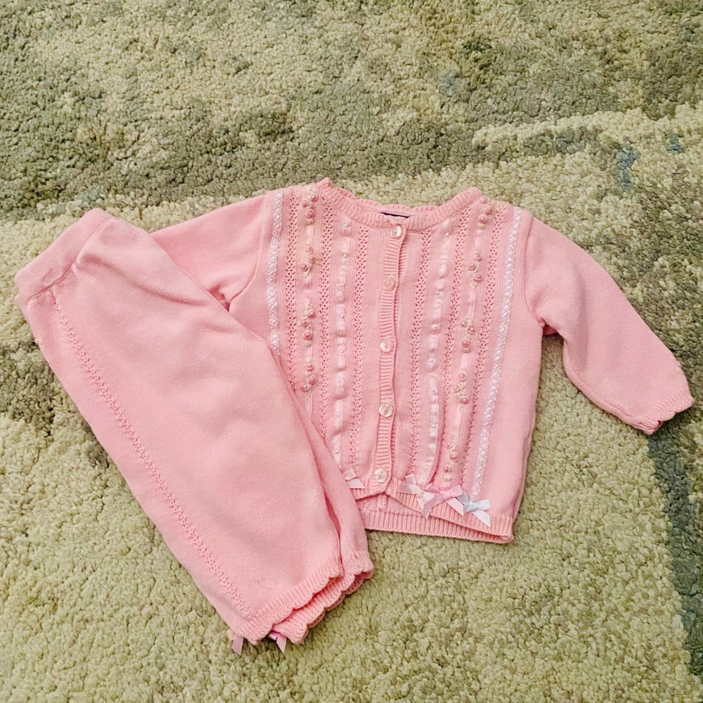 EUC Hartstrings Pink Knit Cardigan Sweater & Matching Knit Pants